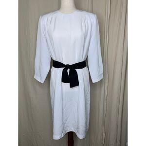 1980s Nancy II White Black Ribbon Belt Modest Coquette Pleated Shoulder Dress M